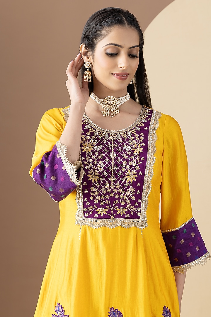 Mango Yellow Bamberg Satin Party Wear Sharara Set by KM By Kavita at Pernia's Pop Up Shop