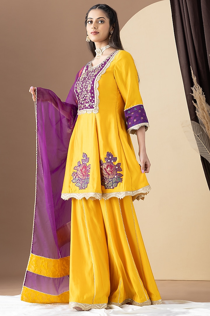 Mango Yellow Bamberg Satin Party Wear Sharara Set by KM By Kavita at Pernia's Pop Up Shop