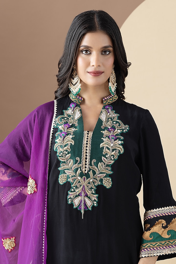Black Crepe Zari Work Kurta Set by KM By Kavita at Pernia's Pop Up Shop