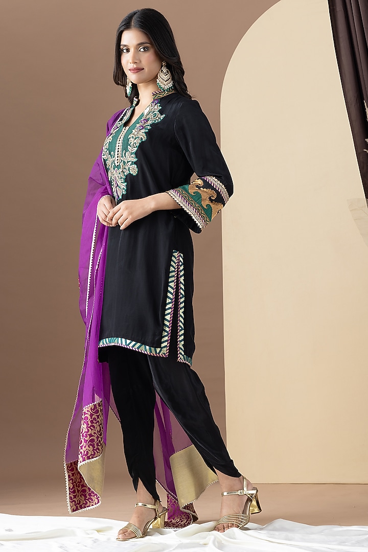 Black Crepe Zari Work Kurta Set by KM By Kavita at Pernia's Pop Up Shop