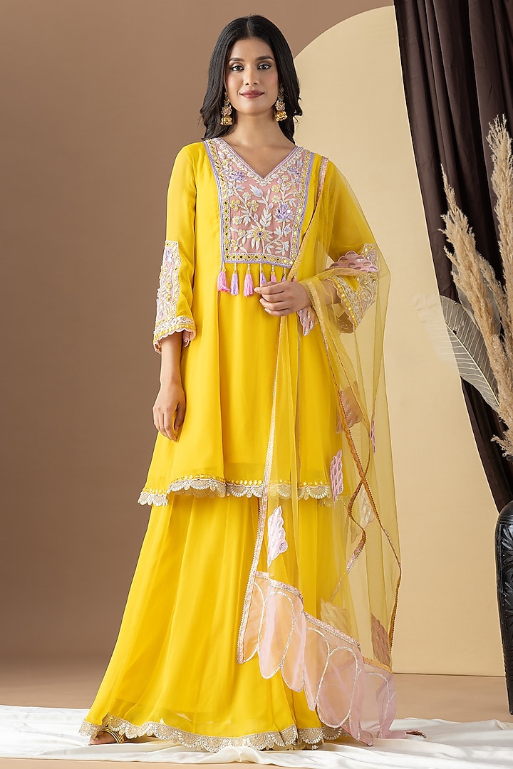 Yellow Georgette Kalidar Sharara Set by KM By Kavita at Pernia's Pop Up Shop