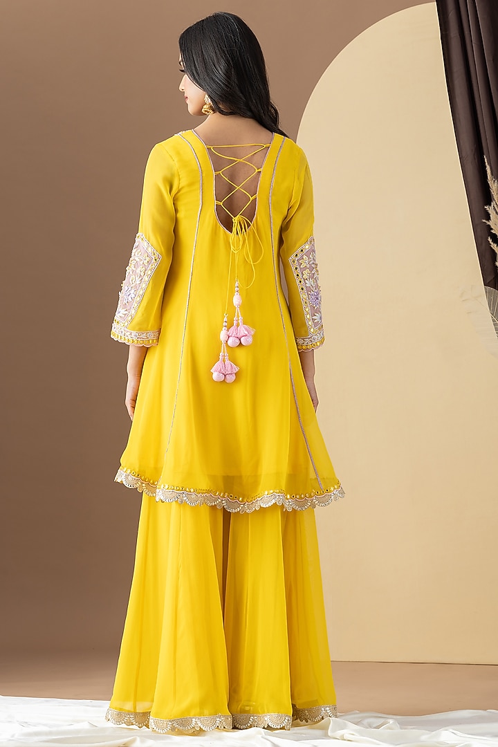 Yellow Georgette Kalidar Party Wear Sharara Set by KM By Kavita at Pernia's Pop Up Shop