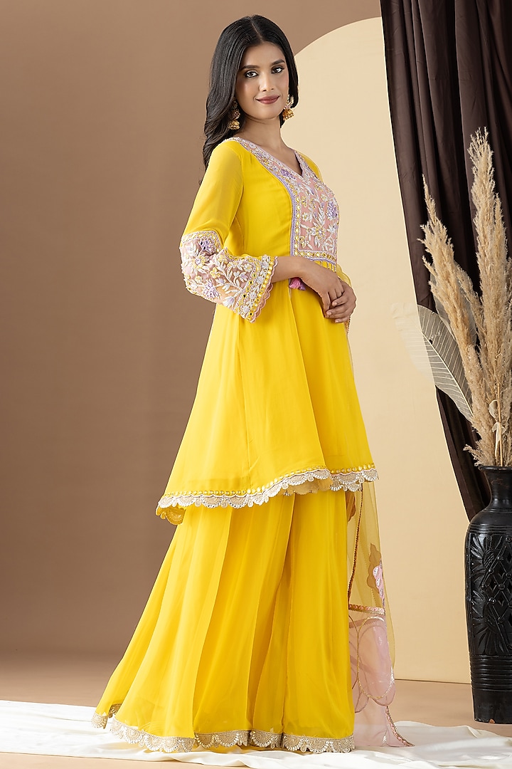 sarara dress party wear yellow colour Divas Fashion Yellow Sharara Suit With Faux Mirror Work LSTV111667