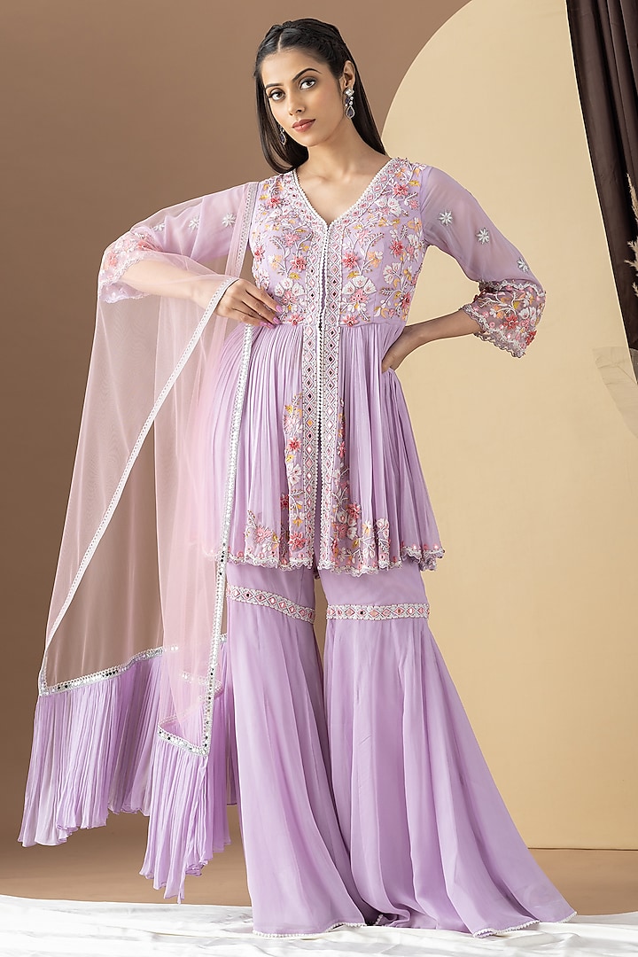 Lavender Georgette Sharara Set by KM By Kavita at Pernia's Pop Up Shop