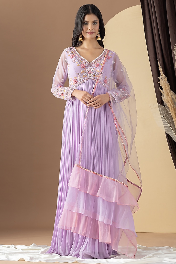 Lavender Georgette Hand Embellished Pleated Anarkali Set by KM By Kavita at Pernia's Pop Up Shop