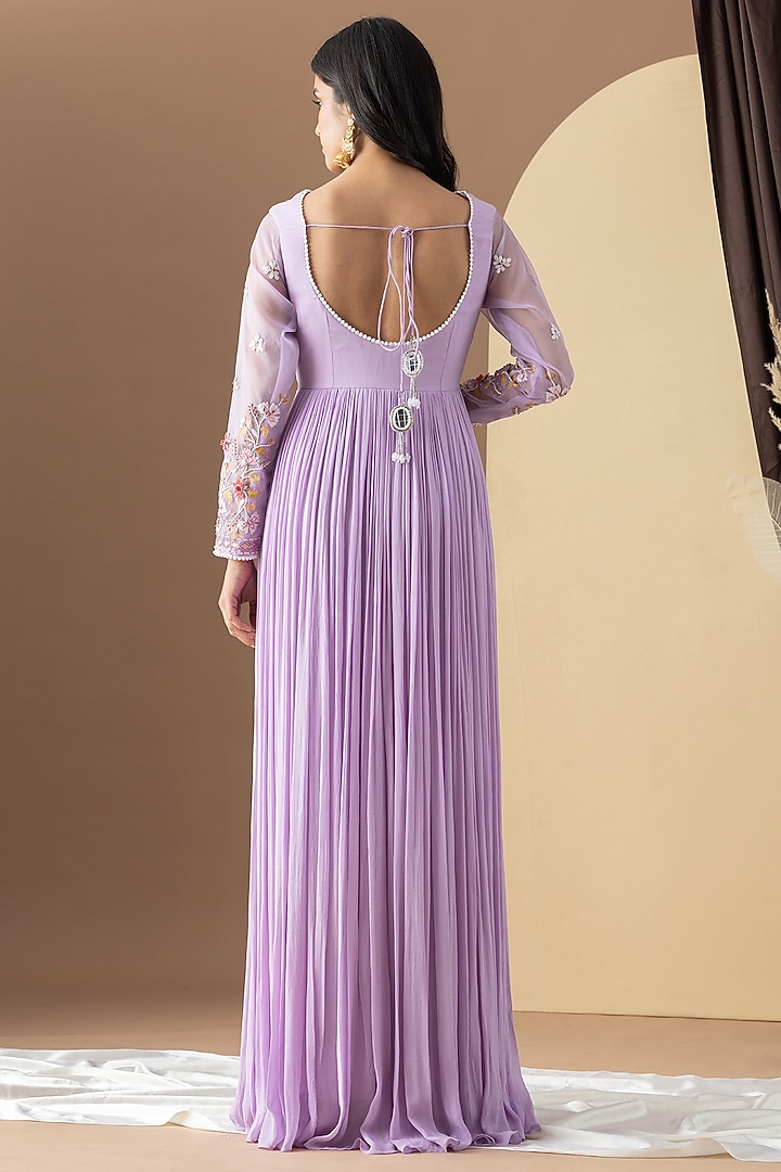 Lavender Georgette Hand Embellished Pleated Party Wear Anarkali Set by KM By Kavita at Pernia's Pop Up Shop