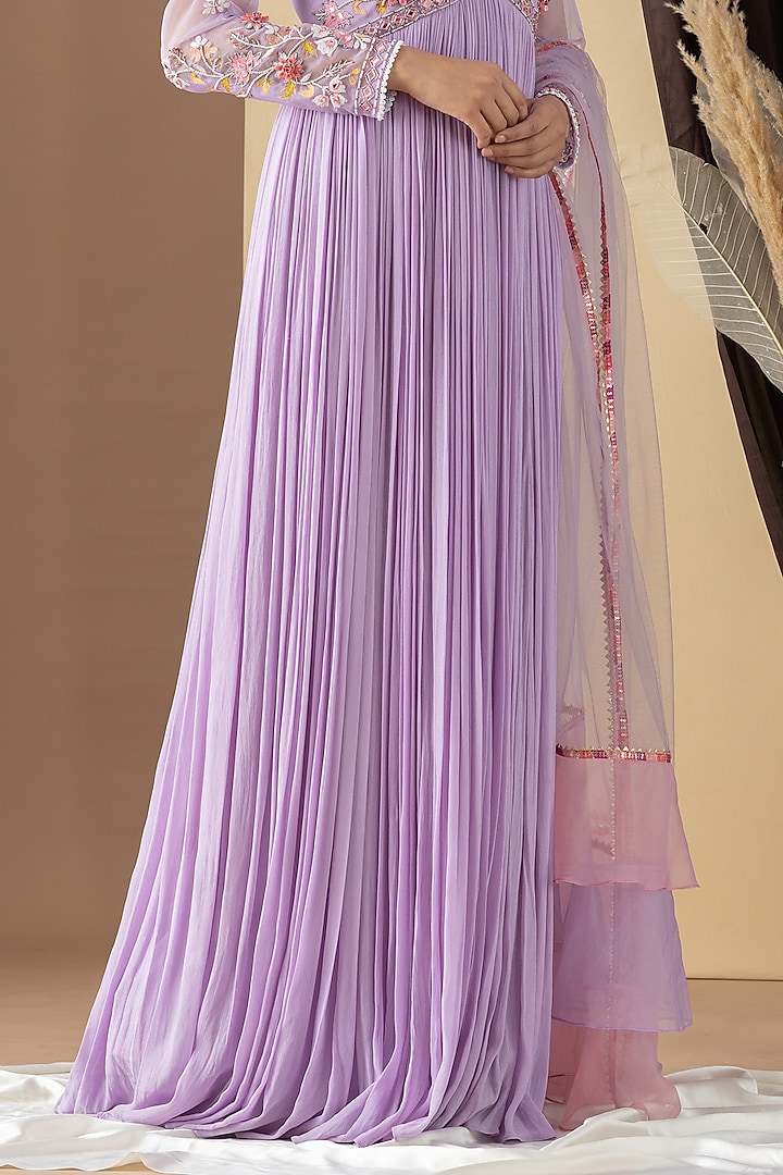 Lavender Georgette Hand Embellished Pleated Party Wear Anarkali Set by KM By Kavita at Pernia's Pop Up Shop