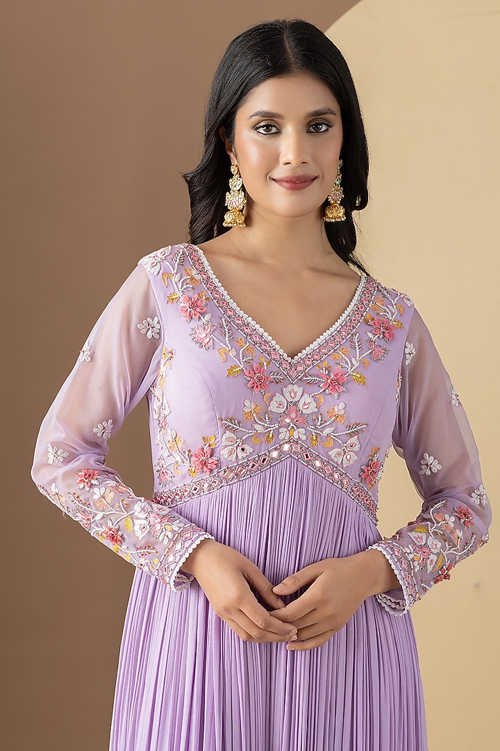Lavender Georgette Hand Embellished Pleated Party Wear Anarkali Set by KM By Kavita at Pernia's Pop Up Shop