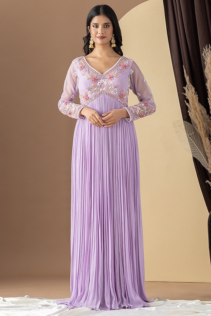 Lavender Georgette Hand Embellished Pleated Party Wear Anarkali Set by KM By Kavita at Pernia's Pop Up Shop