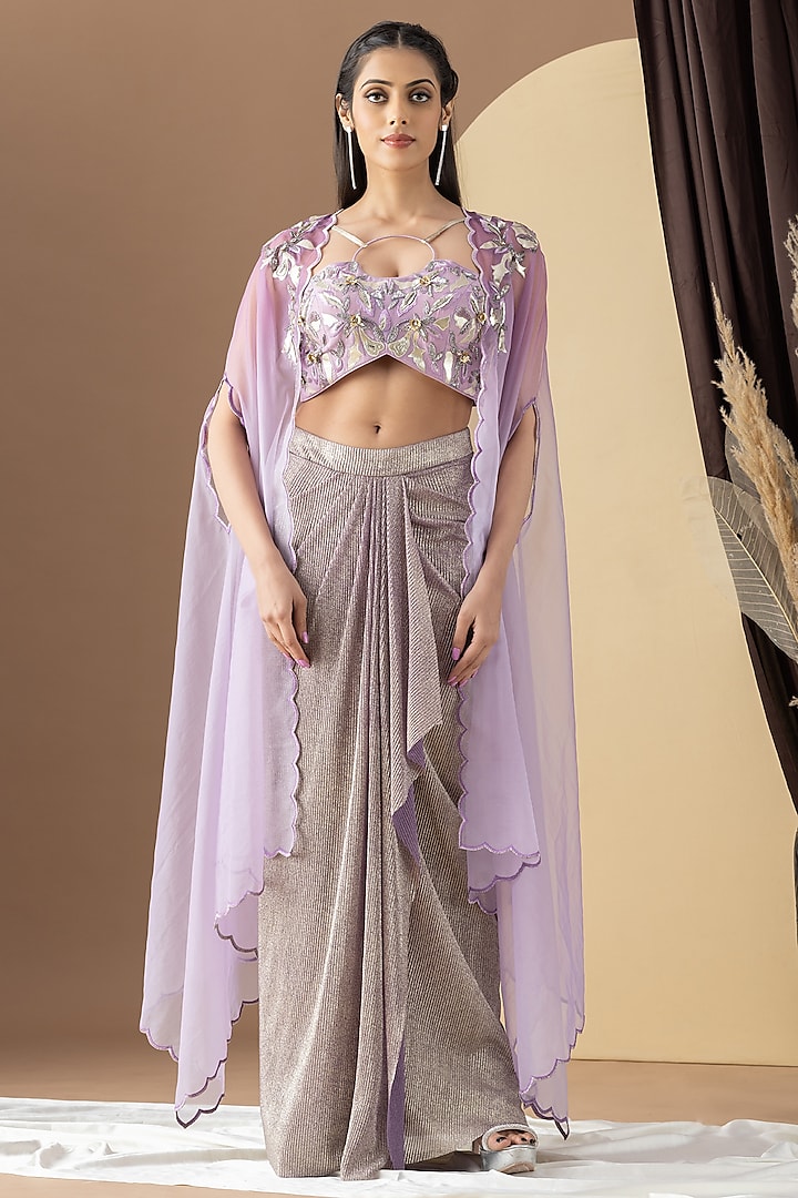 Lavender Ombre Organza Hand Embellished Cape Set by KM By Kavita