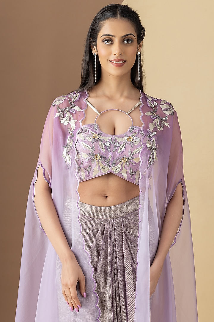 Lavender Ombre Organza Hand Embellished Cape Set by KM By Kavita at Pernia's Pop Up Shop