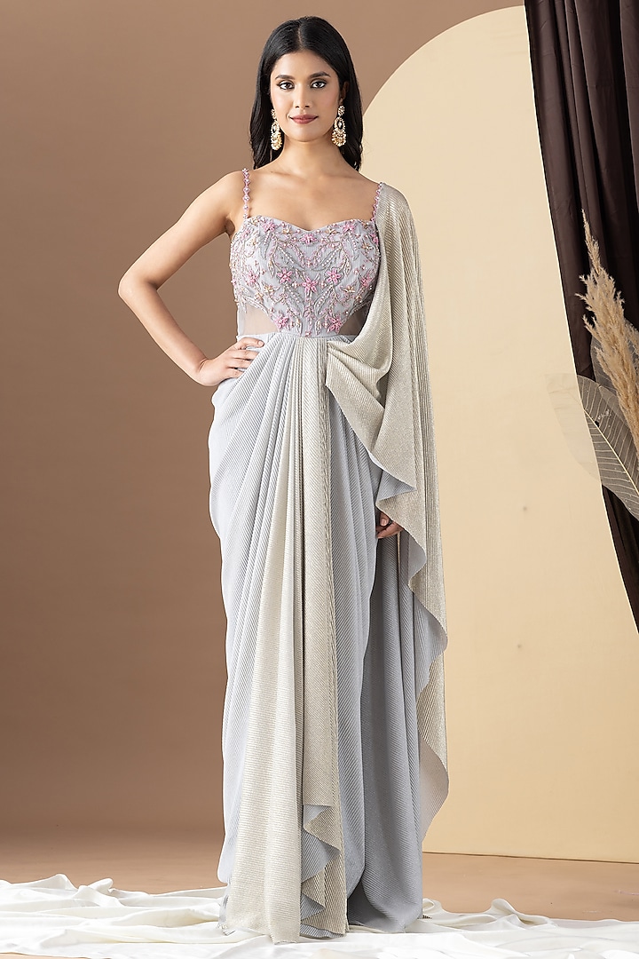 Grey & Gold Crinkled Foil Lurex Hand Embellished Draped Gown by KM By Kavita at Pernia's Pop Up Shop