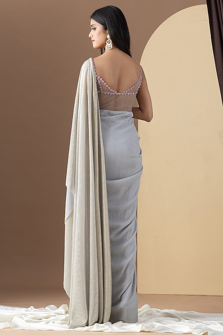 Grey & Gold Crinkled Foil Lurex Hand Embellished Draped Party Wear Gown by KM By Kavita at Pernia's Pop Up Shop