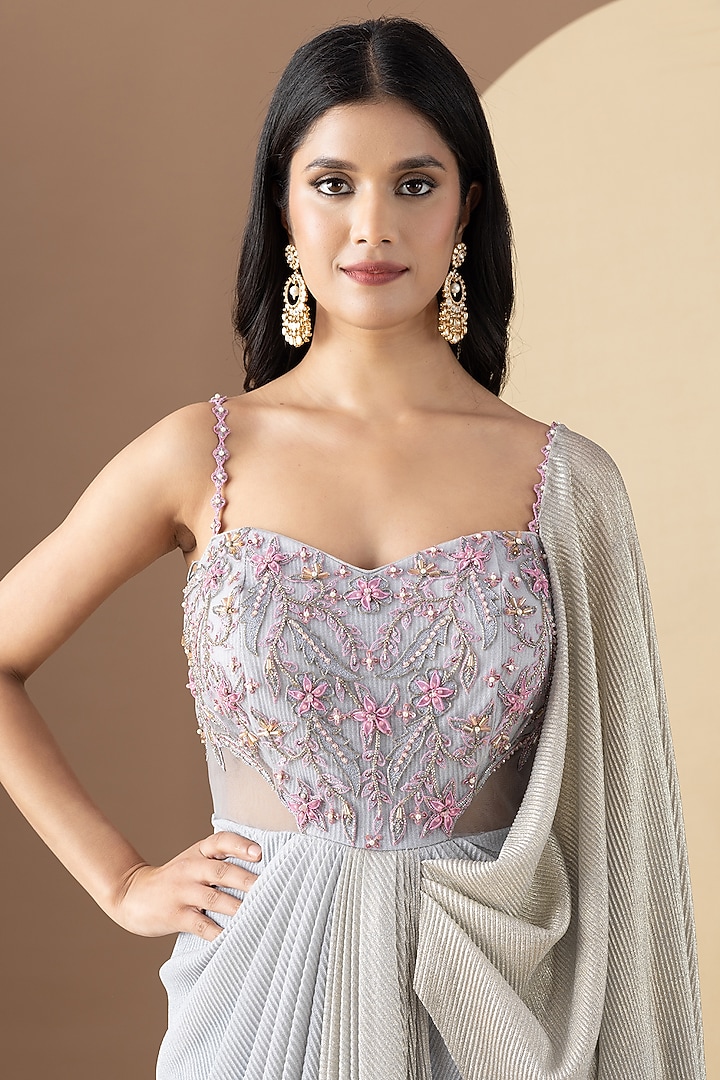 Grey & Gold Crinkled Foil Lurex Hand Embellished Draped Party Wear Gown by KM By Kavita at Pernia's Pop Up Shop