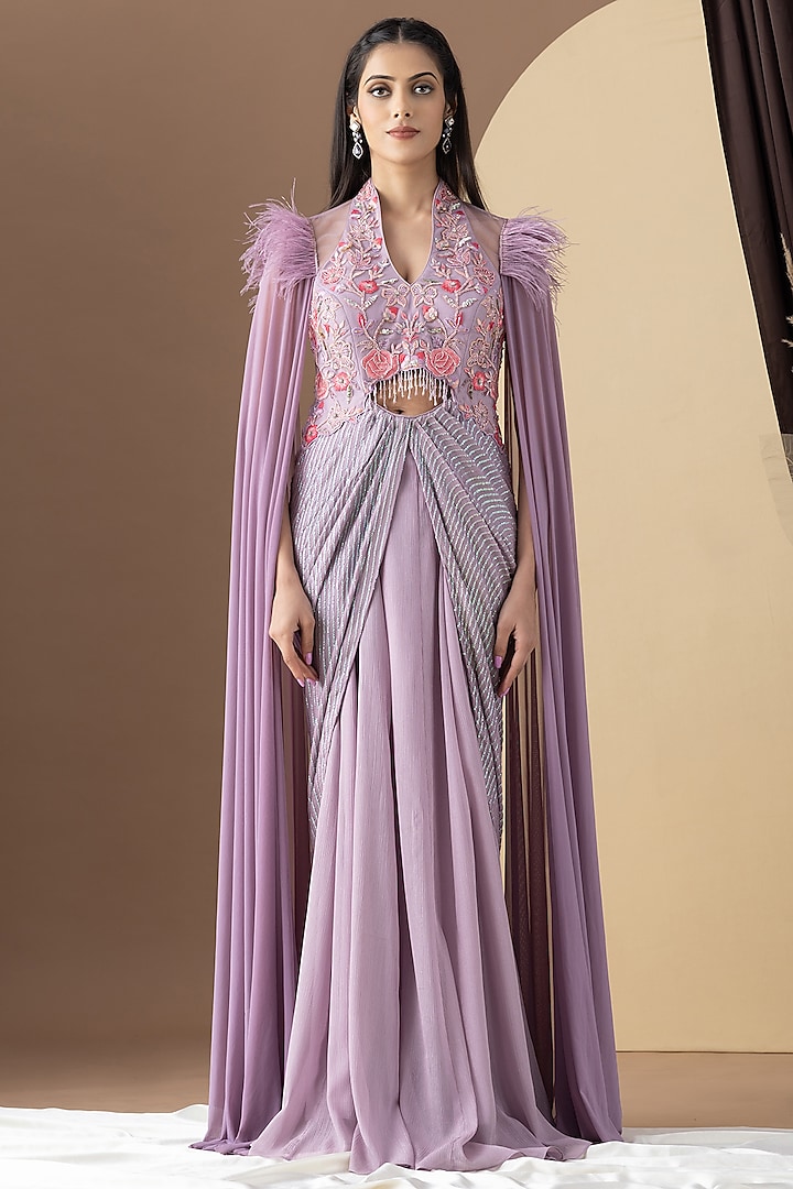 Onion Pink Shimmer Chiffon Hand Embellished Draped Gown by KM By Kavita