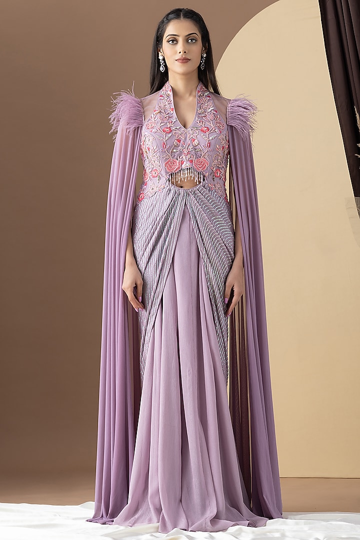 Onion Pink Shimmer Chiffon Hand Embellished Draped Gown by KM By Kavita at Pernia's Pop Up Shop