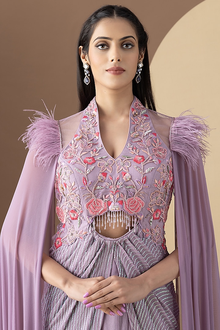 Onion Pink Shimmer Chiffon Hand Embellished Draped Engagement Gown by KM By Kavita at Pernia's Pop Up Shop