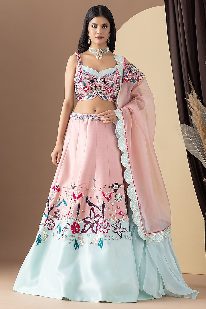 Pink Silk Floral Applique Embroidered Lehenga Set by KM By Kavita
