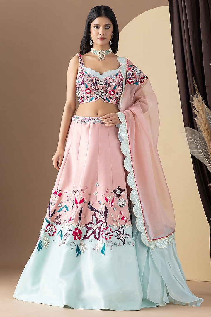 Pink Silk Floral Applique Embroidered Wedding Lehenga Set by KM By Kavita at Pernia's Pop Up Shop