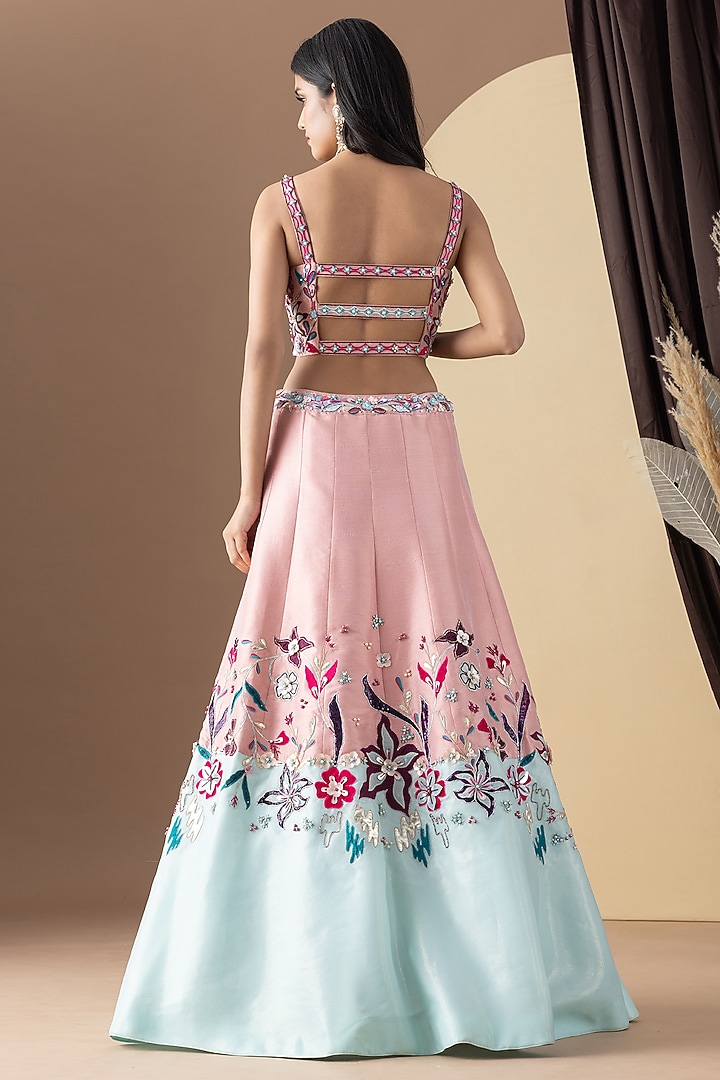 Pink Silk Floral Applique Embroidered Wedding Lehenga Set by KM By Kavita at Pernia's Pop Up Shop