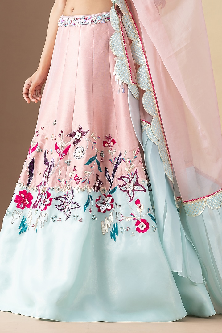 Pink Silk Floral Applique Embroidered Wedding Lehenga Set by KM By Kavita at Pernia's Pop Up Shop