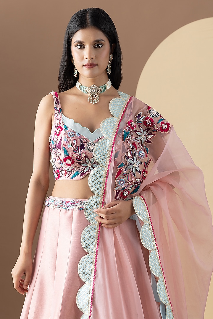 Pink Silk Floral Applique Embroidered Wedding Lehenga Set by KM By Kavita at Pernia's Pop Up Shop