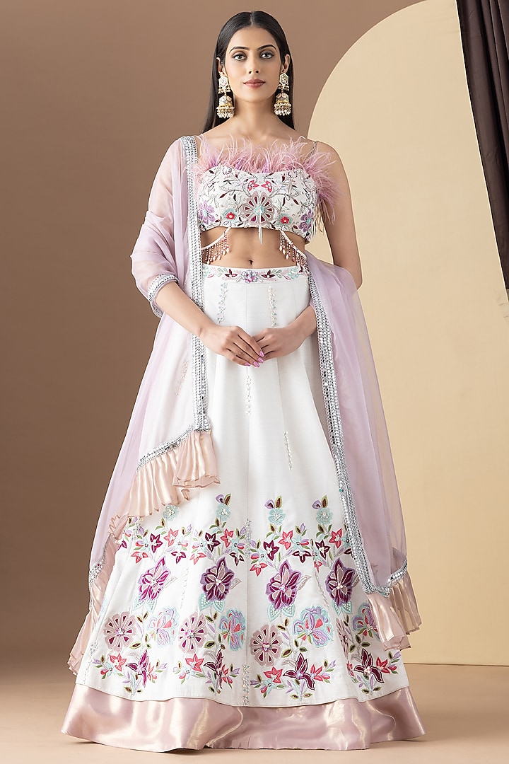 Ivory Silk Floral Applique Embroidered Wedding Lehenga Set by KM By Kavita at Pernia's Pop Up Shop