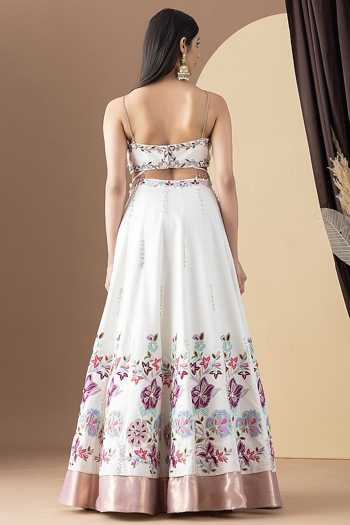 Ivory Silk Floral Applique Embroidered Wedding Lehenga Set by KM By Kavita at Pernia's Pop Up Shop