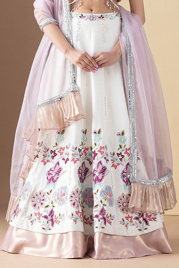 Ivory Silk Floral Applique Embroidered Wedding Lehenga Set by KM By Kavita at Pernia's Pop Up Shop
