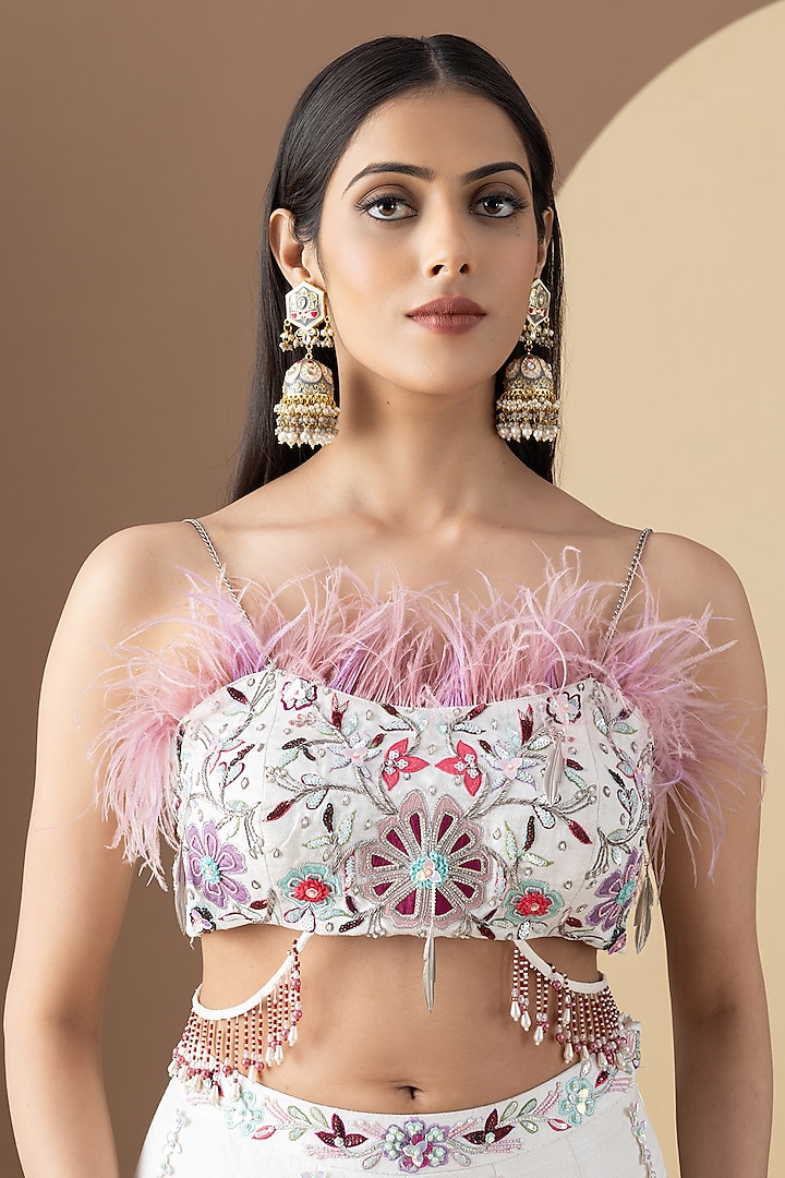 Ivory Silk Floral Applique Embroidered Wedding Lehenga Set by KM By Kavita at Pernia's Pop Up Shop