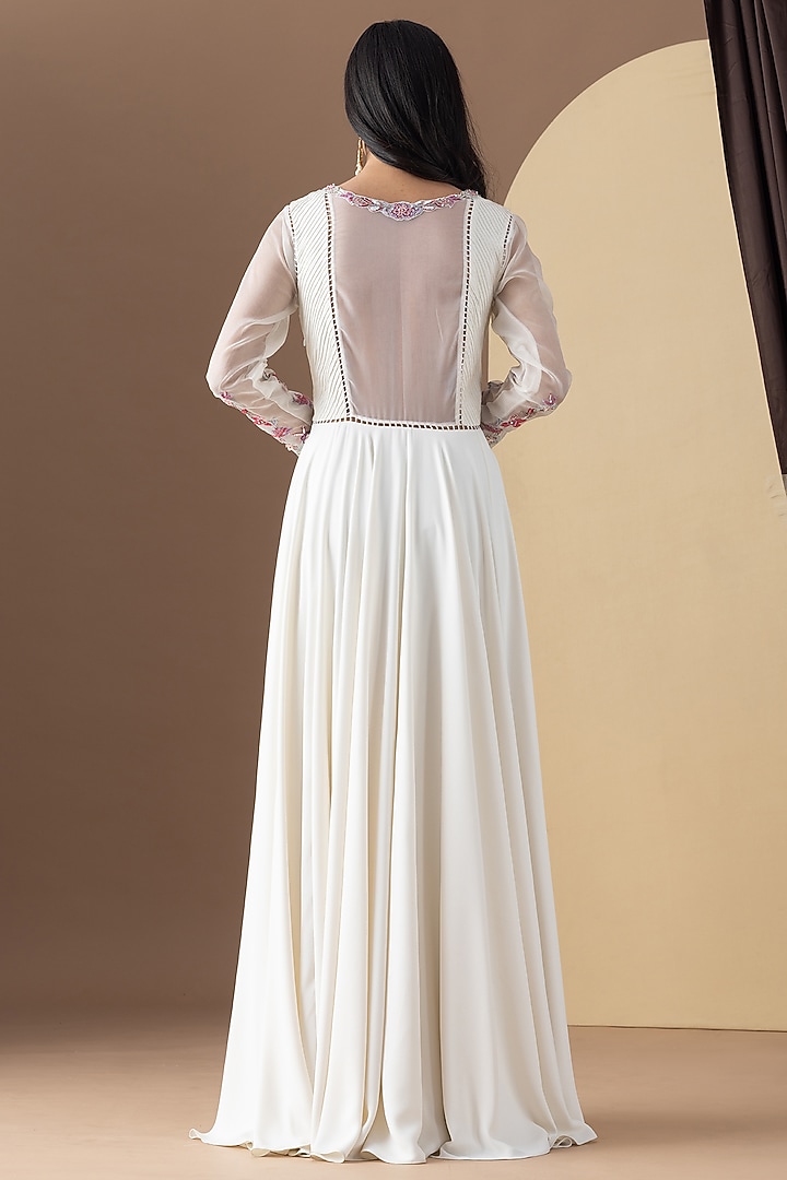 Off-White Georgette Floral Hand Embellished Pleated Party Wear Anarkali Set by KM By Kavita at Pernia's Pop Up Shop