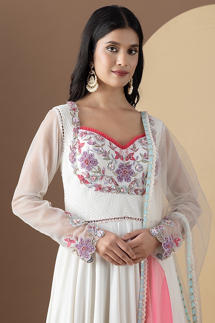 Off-White Georgette Floral Hand Embellished Pleated Party Wear Anarkali Set by KM By Kavita at Pernia's Pop Up Shop