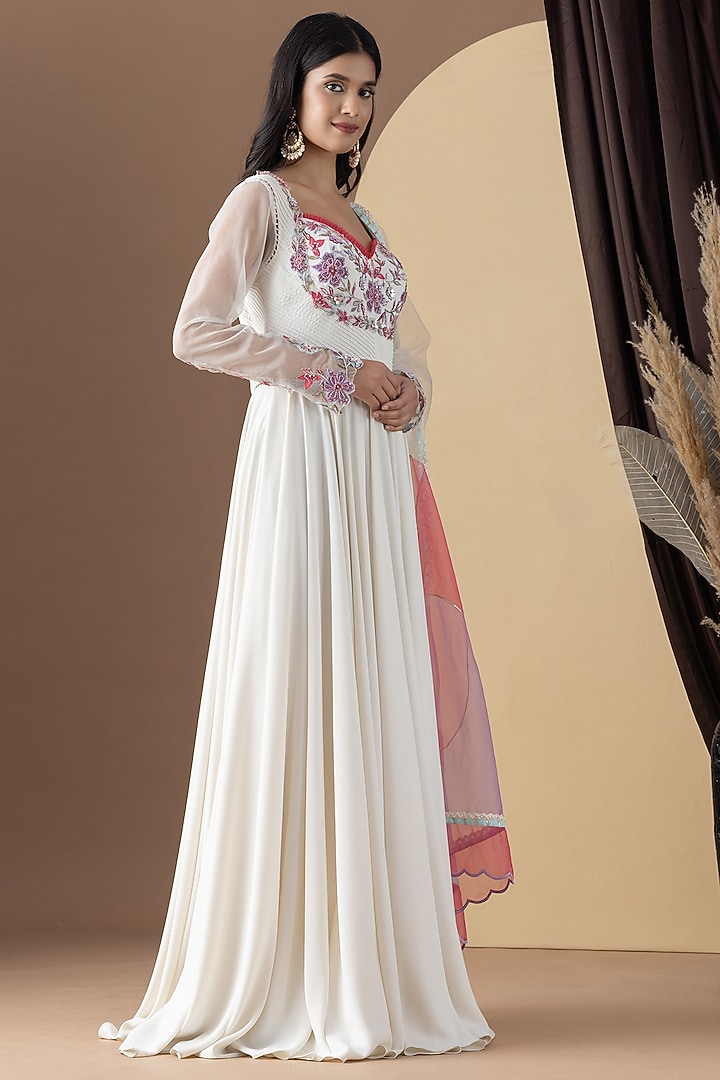 Off-White Georgette Floral Hand Embellished Pleated Party Wear Anarkali Set by KM By Kavita at Pernia's Pop Up Shop