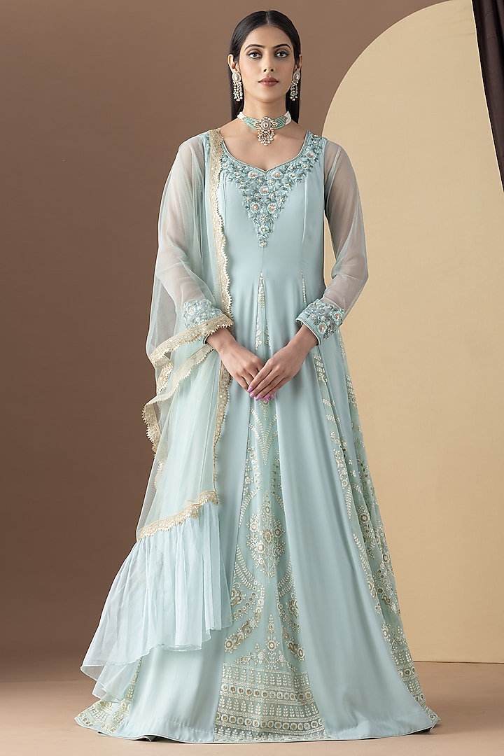 Aqua Green Georgette Sequins & Pearl Embellished Anarkali Set by KM By Kavita at Pernia's Pop Up Shop