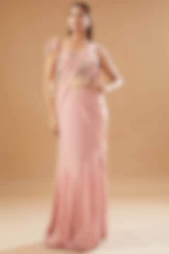 Rose Pink Tulle Draped Saree Set by KM By Kavita at Pernia's Pop Up Shop