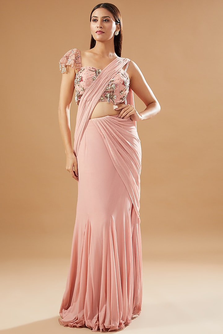 Rose Pink Tulle Draped Saree Set by KM By Kavita at Pernia's Pop Up Shop