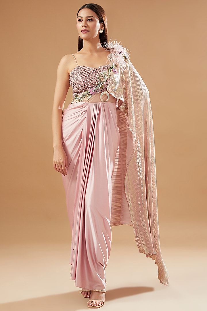 Baby Pink Satin Pre-Draped Printed Saree Design by KM By Kavita at