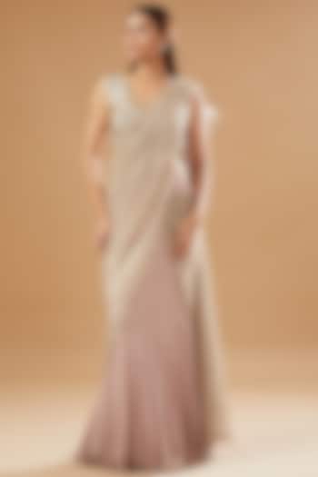 Nude Pink Tulle Draped Wedding Saree Set by KM By Kavita at Pernia's Pop Up Shop