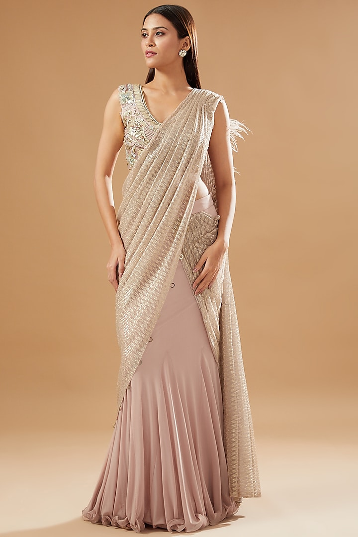 Nude Pink Tulle Draped Wedding Saree Set by KM By Kavita at Pernia's Pop Up Shop