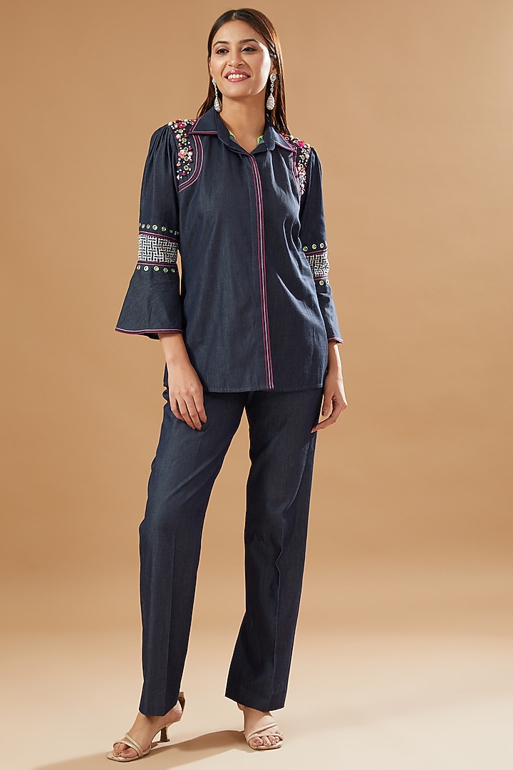 Blue Denim Embellished Co-Ord Set by KM By Kavita at Pernia's Pop Up Shop
