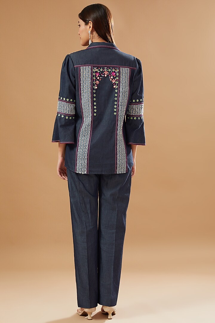 Blue Denim Embellished Co-Ord Set by KM By Kavita at Pernia's Pop Up Shop