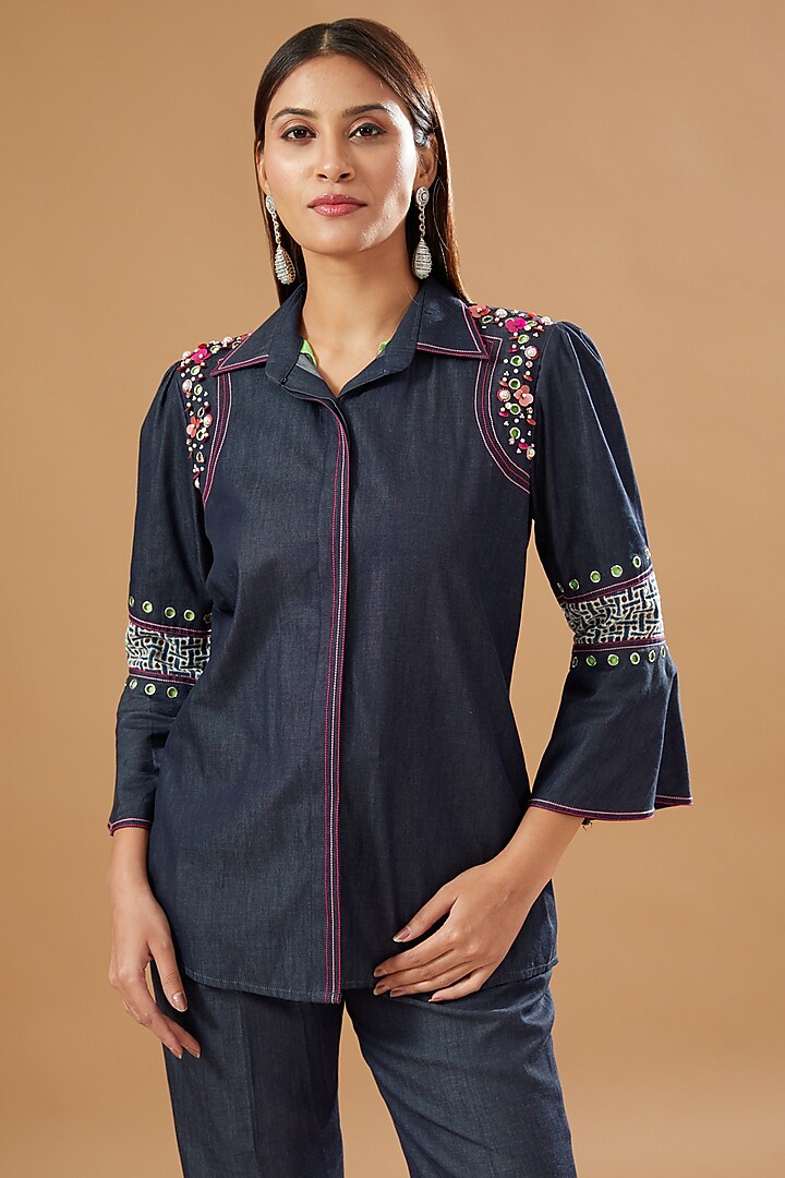 Blue Denim Embellished Co-Ord Set by KM By Kavita at Pernia's Pop Up Shop
