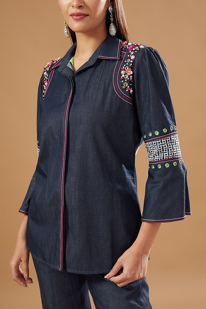 Blue Denim Embellished Co-Ord Set by KM By Kavita at Pernia's Pop Up Shop