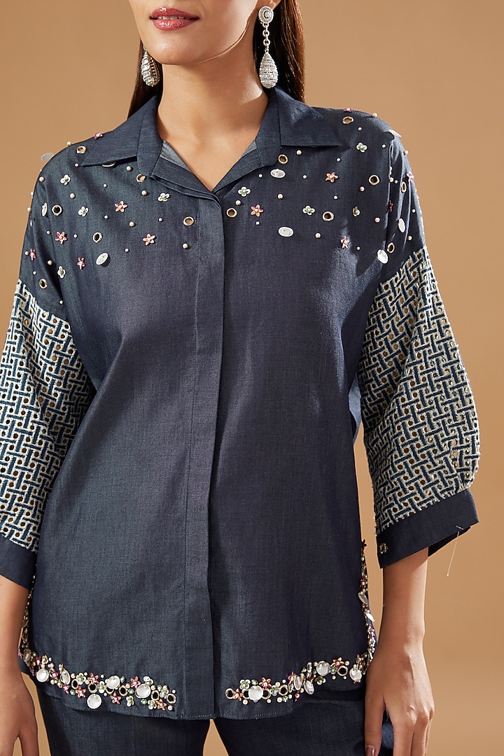 Blue Denim Embellished Co-Ord Set by KM By Kavita at Pernia's Pop Up Shop