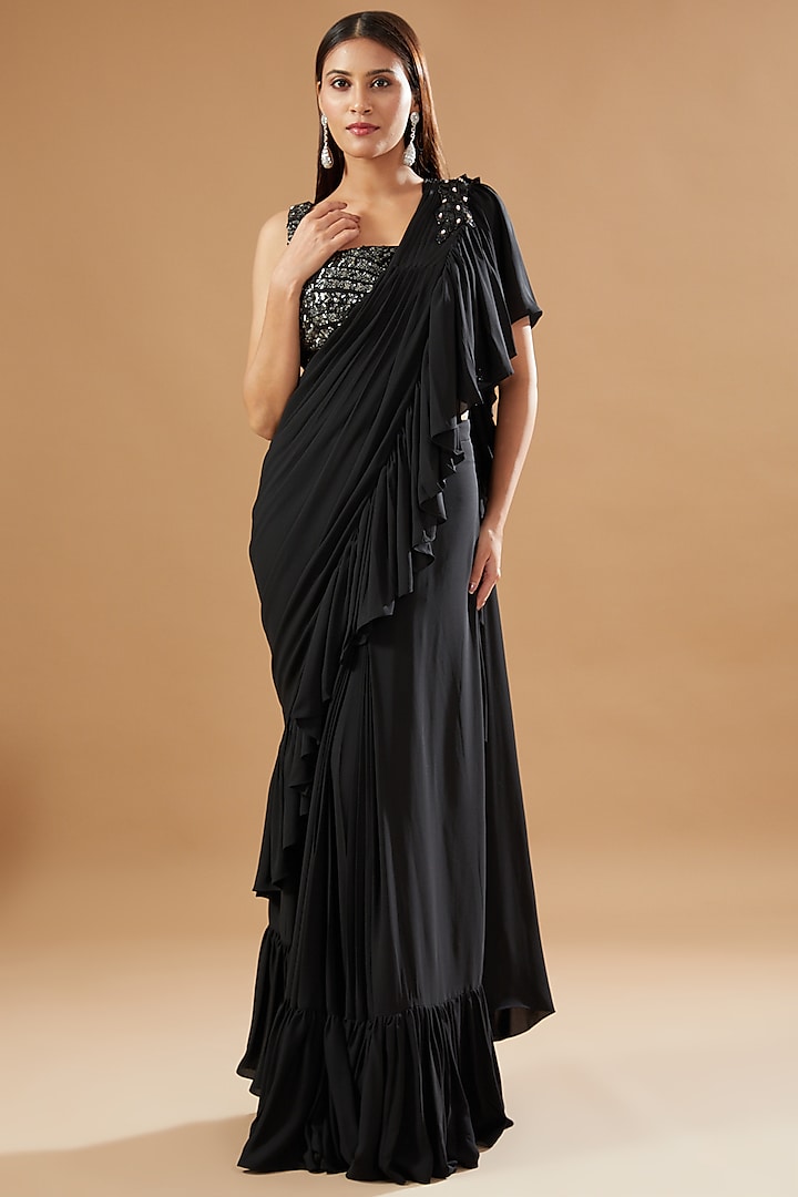 Black Georgette Embellished Draped Saree Set by KM By Kavita