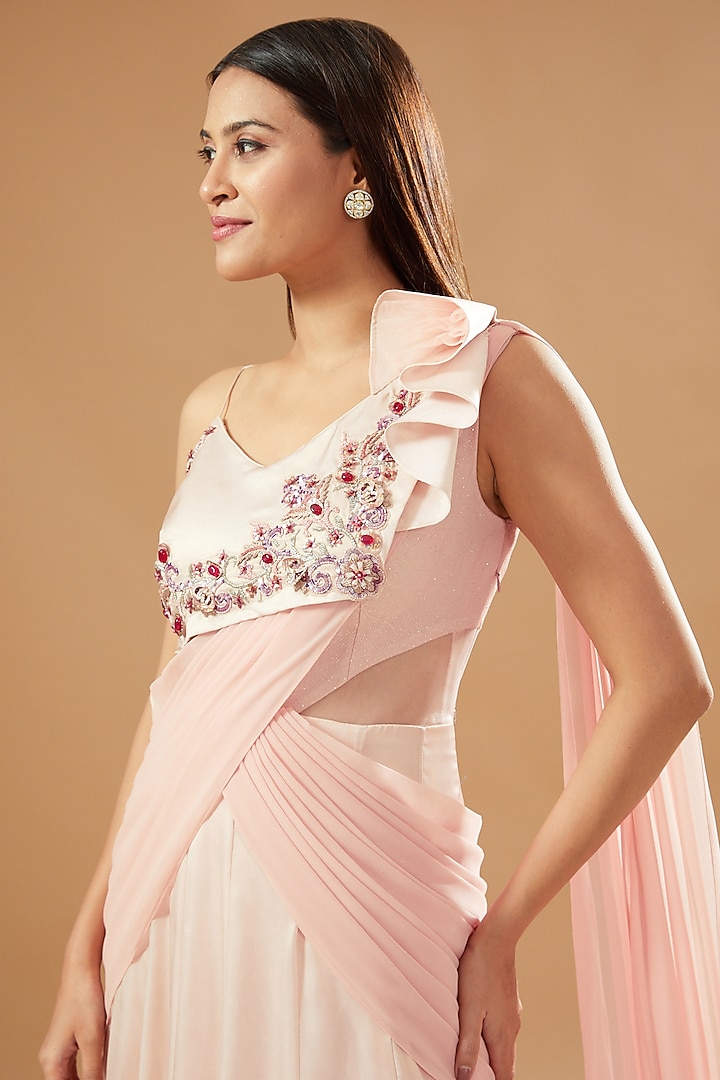 Rose Pink Shimmer Lurex Drape Wedding Saree by KM By Kavita at Pernia's Pop Up Shop