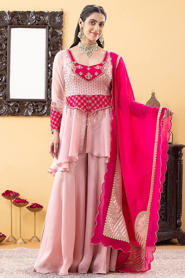 Pink Satin Wedding Sharara Set by KM By Kavita at Pernia's Pop Up Shop