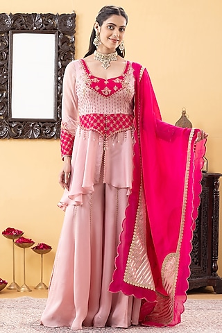 Pink Satin Sharara Set by KM By Kavita