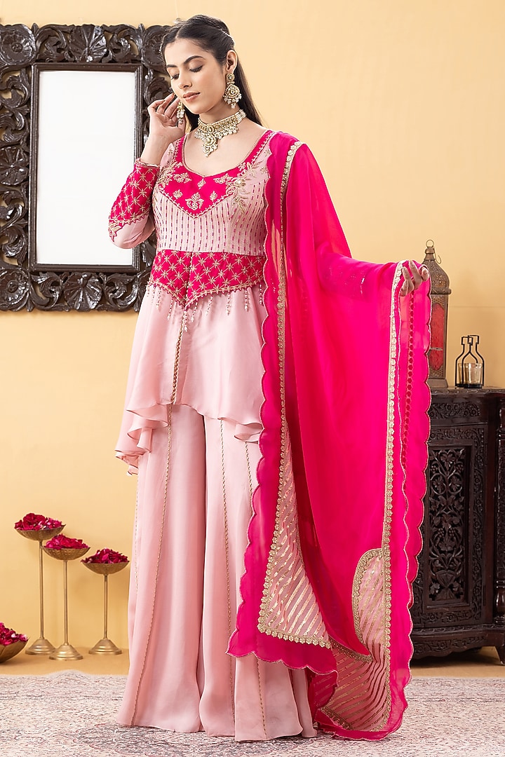 Pink Satin Wedding Sharara Set by KM By Kavita at Pernia's Pop Up Shop