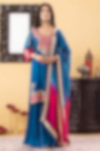 Teal Blue Satin Party Wear Sharara Set by KM By Kavita at Pernia's Pop Up Shop